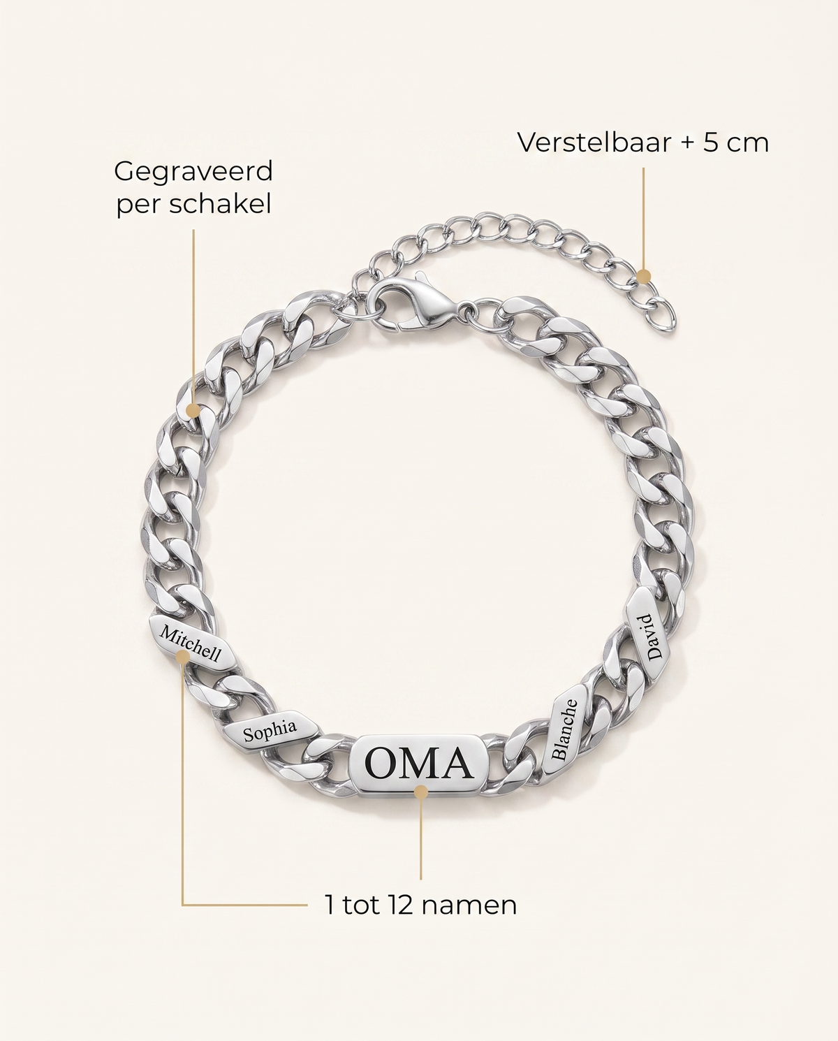 Silberfarbenes Armband von oben mit Gravur pro Glied und Auswahl von einem bis zwölf Namen