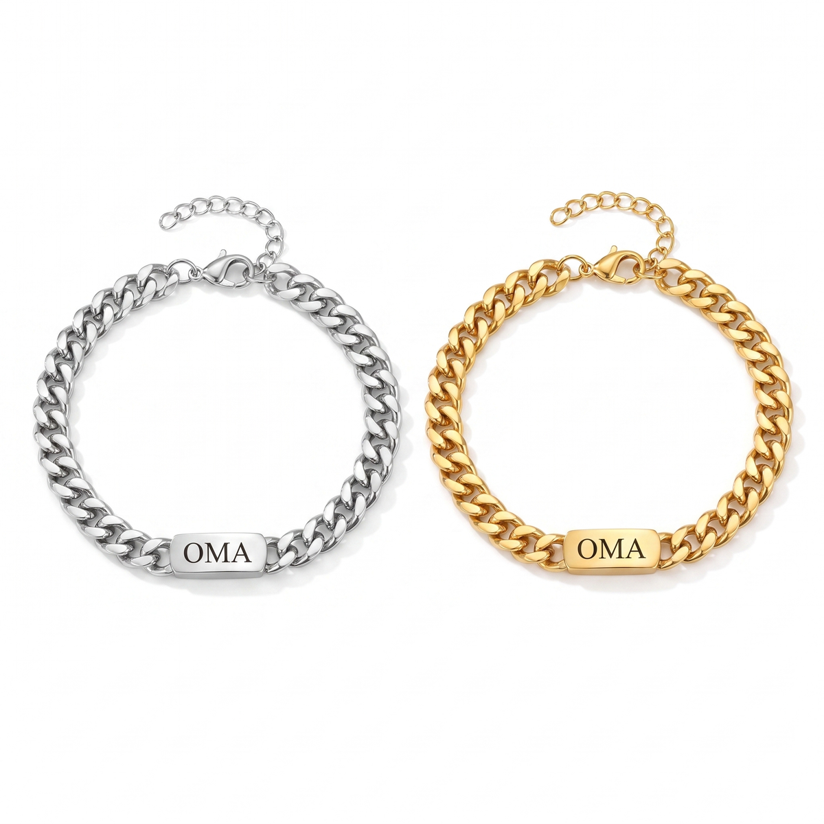 Zwei Gliederarmbänder mit gravierter Platte, links silberfarben, rechts goldfarben