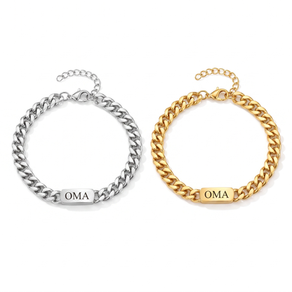 Zwei Gliederarmbänder mit gravierter Platte, links silberfarben, rechts goldfarben