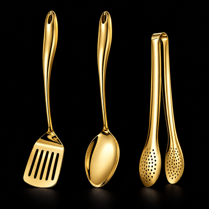 Dreiteiliges Set in goldener Ausführung mit Pfannenwender, Löffel und Zange vor schwarzem Hintergrund.