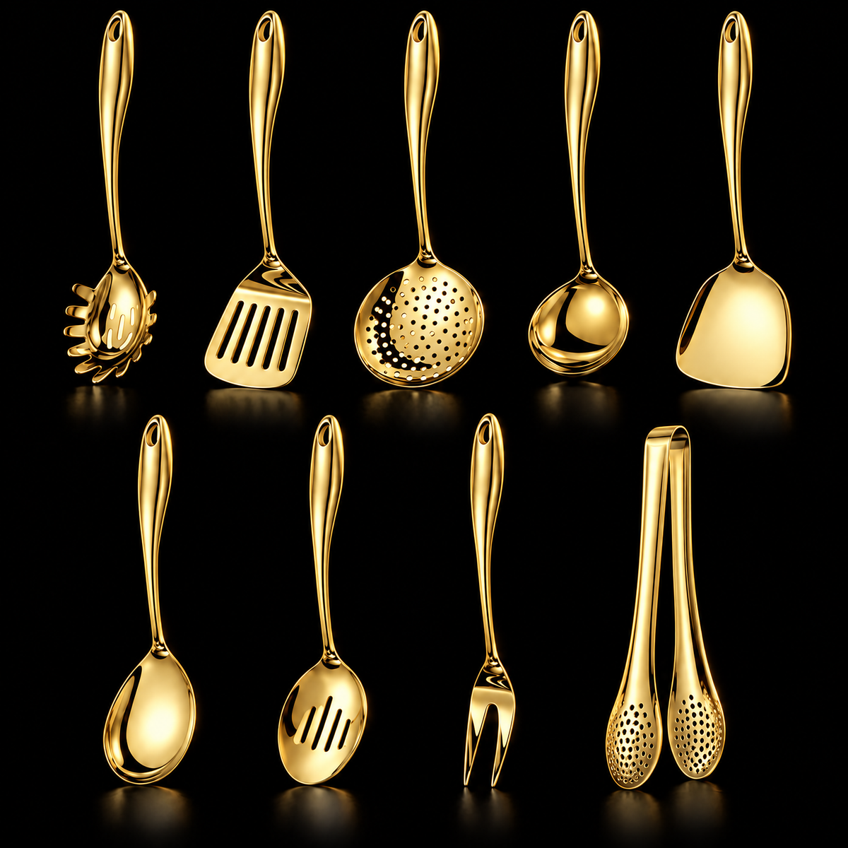 Neunteiliges Set in goldener Ausführung in zwei Reihen mit Schaumkelle, Gabel und weiteren Helfern vor schwarzem Hintergrund.