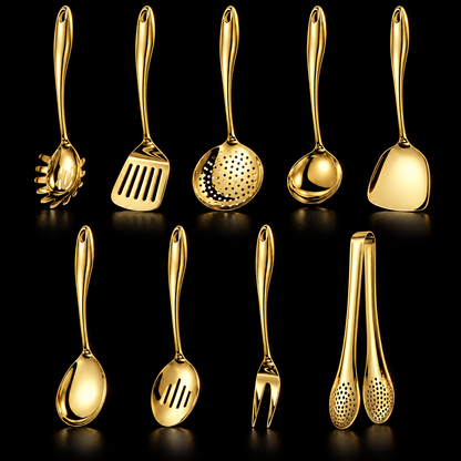 Neunteiliges Set in goldener Ausführung in zwei Reihen mit Schaumkelle, Gabel und weiteren Helfern vor schwarzem Hintergrund.