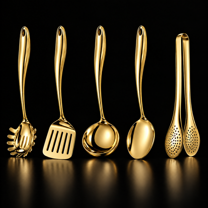 Fünfteiliges Set in goldener Ausführung mit Spaghettilöffel, Wender, Kelle, Löffel und Zange vor schwarzem Hintergrund.