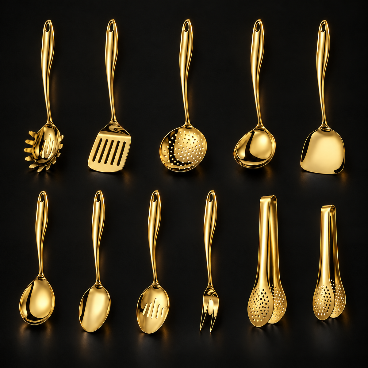 Elfteiliges Set in goldener Ausführung in zwei Reihen angeordnet, mit zwei Zangen, vor dunklem Hintergrund.
