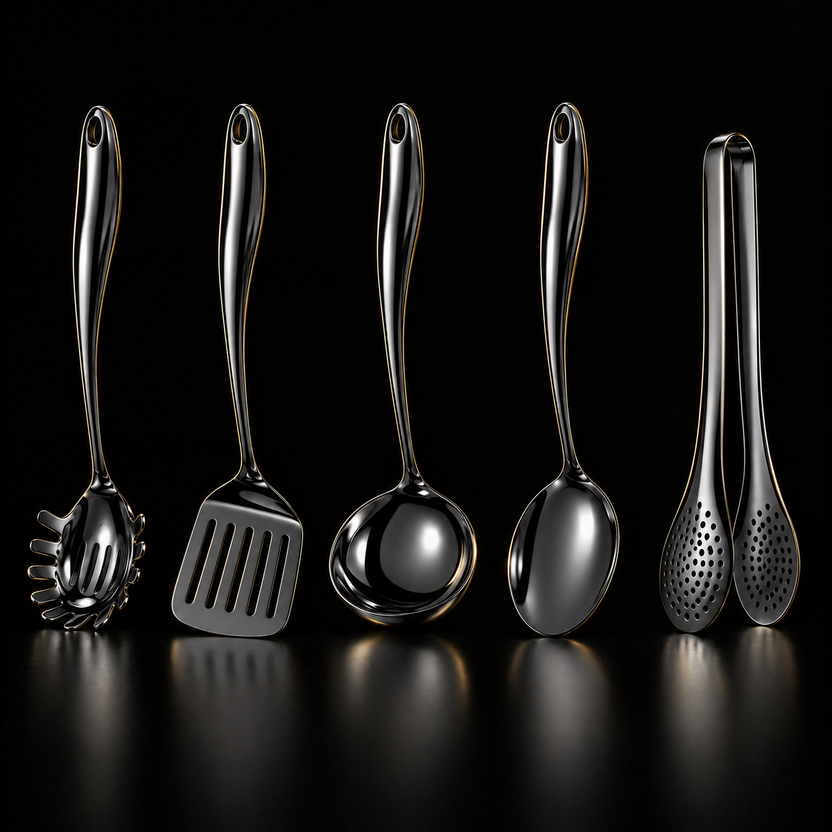 Fünfteiliges Set in schwarzer Ausführung mit Spaghettilöffel, Wender, Kelle, Löffel und Zange aufrecht stehend vor dunklem Hintergrund.