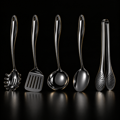 Fünfteiliges Set in schwarzer Ausführung mit Spaghettilöffel, Wender, Kelle, Löffel und Zange aufrecht stehend vor dunklem Hintergrund.