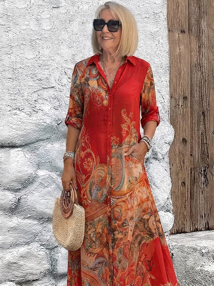 Damen-Maxikleid in Rot mit Ornamentmuster in Orange und Blau, another view