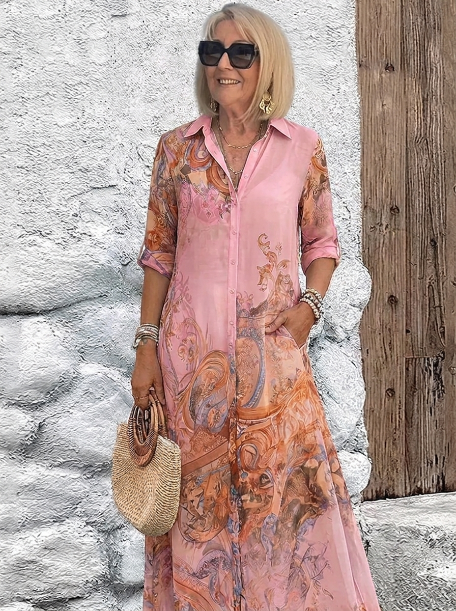 Damen-Maxikleid in Rosa mit orangefarbenem Ornamentmuster, another view