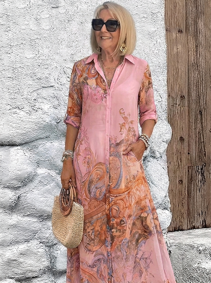 Damen-Maxikleid in Rosa mit orangefarbenem Ornamentmuster, another view