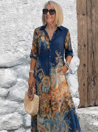 Damen-Maxikleid in Dunkelblau mit blau-orangem Ornamentdruck, another view