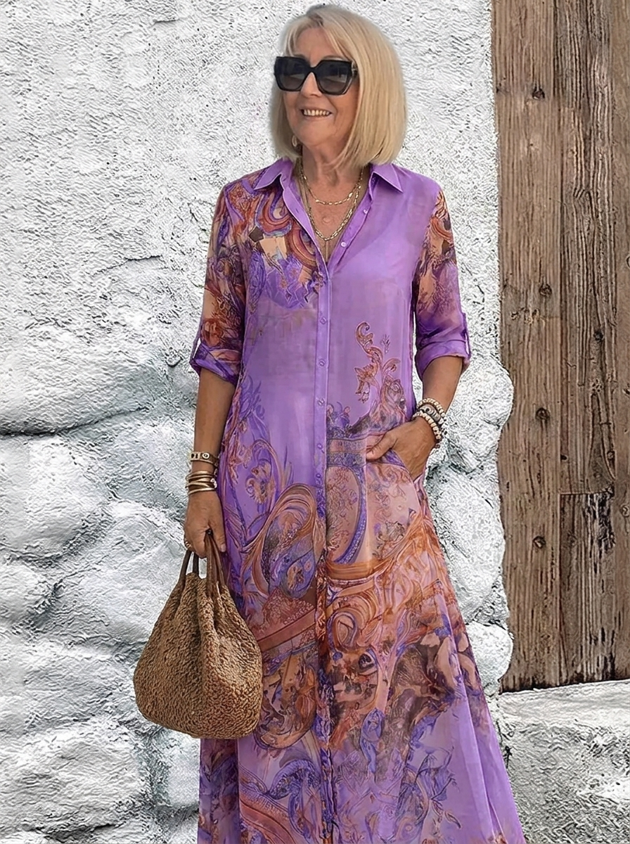 Damen-Maxikleid in Lila mit Ornamentdruck in Orange- und Violetttönen, another view