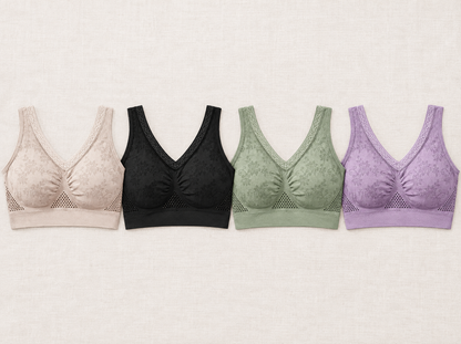 Vier gleiche BHs nebeneinander in Beige, Schwarz, Grün und Lila als Farbübersicht 2