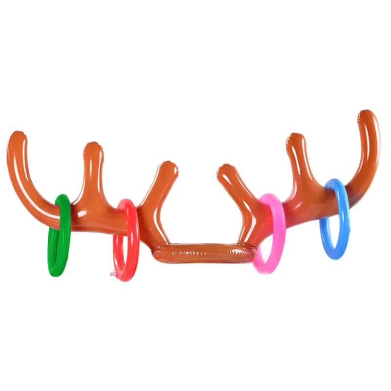 Aufblasbares Rentiergeweih-Spiel, braun, mit bunten Ringen, Partyspiel, Weihnachtsdekoration.