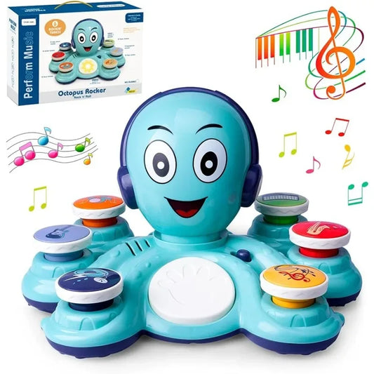 Blaues Octopus-Musikspielzeug für Kinder mit Tasten, Noten und bunten Symbolen.