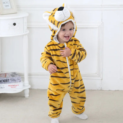 Kleinkind im gelben Tiger-Kostüm, Plüsch, Kapuze, Reißverschluss, Tieranzug für Kinder.