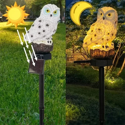 Weiße Eule im Sonnenlicht mit Pfeilen auf das Solarpanel und nachts mit Licht.