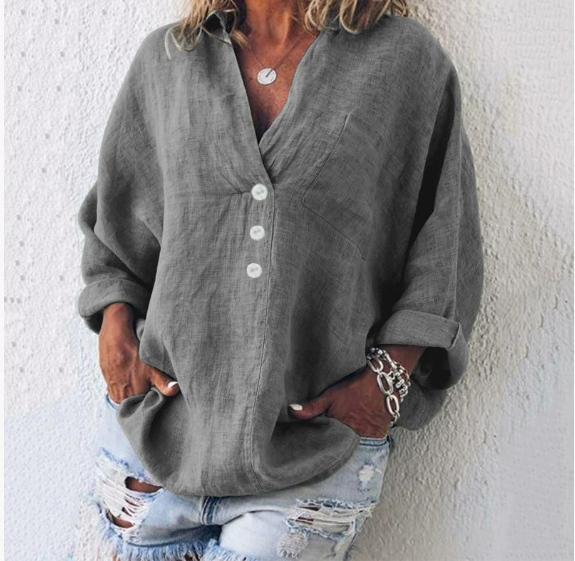 Herbstliche Damen Leinenbluse mit Knopfleiste und V-Ausschnitt – Elodie