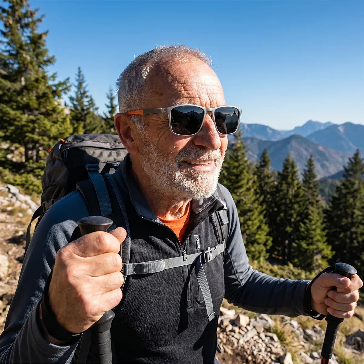 Älterer Wanderer mit Rucksack und Trekkingstöcken trägt die Brille vor Bergkulisse