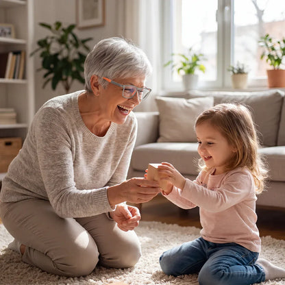 Lachende ältere Frau mit grauer Brille mit orangefarbenen Akzenten spielt mit einem kleinen Mädchen