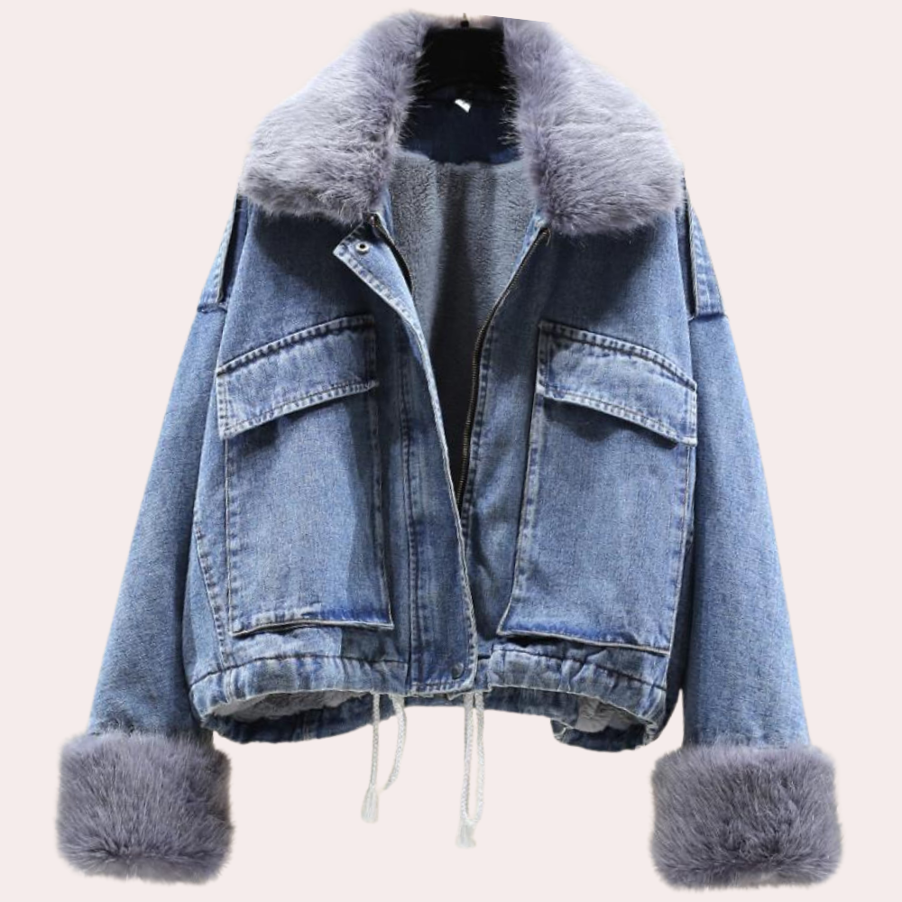Damen Jeansjacke mit Kunstfellkragen und -manschetten, blau, modisch, warm, Winterjacke.