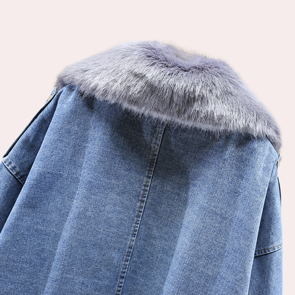 Jeansjacke mit grauem Kunstfellkragen, modisch, Damenbekleidung, Herbst/Winter.