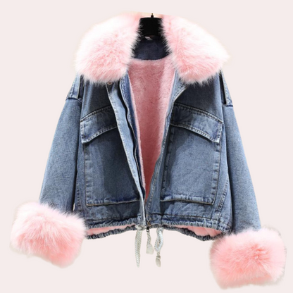 Damen Jeansjacke mit rosa Kunstfellkragen und Manschetten, modisch, warm, Winterjacke.