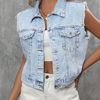 Damen Jeansweste, hellblau, ärmellos, Fransen, modisch, Freizeitkleidung, Denim-Look.