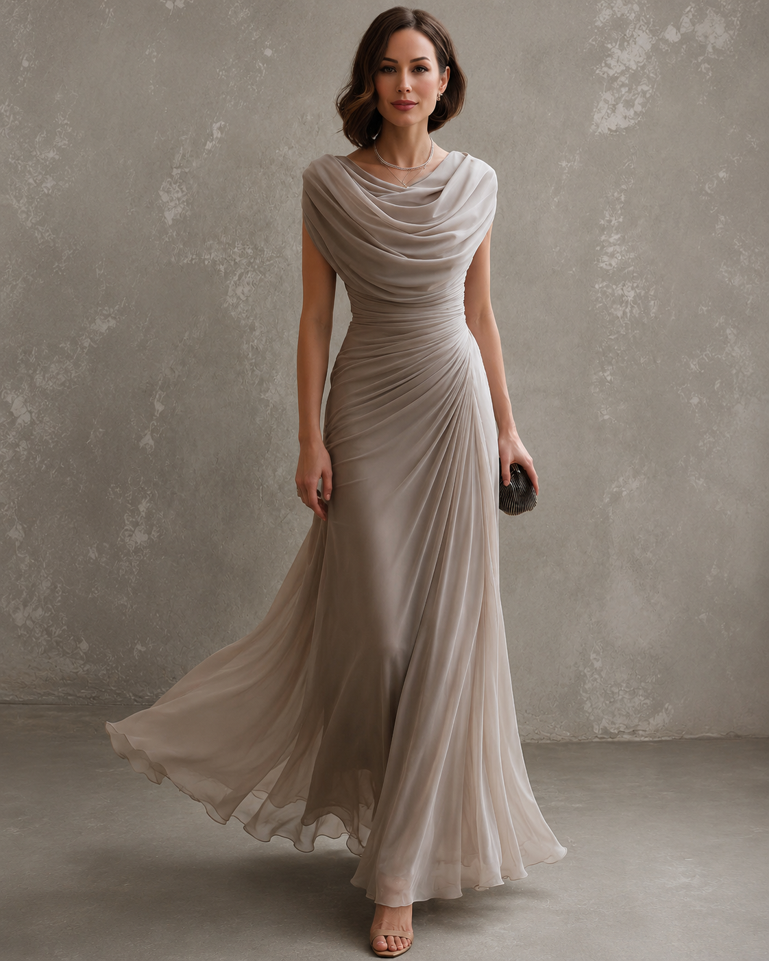 Beiges, ärmelloses Maxikleid mit Drapierung und fließendem bodenlangem Rock in Ganzkörperansicht