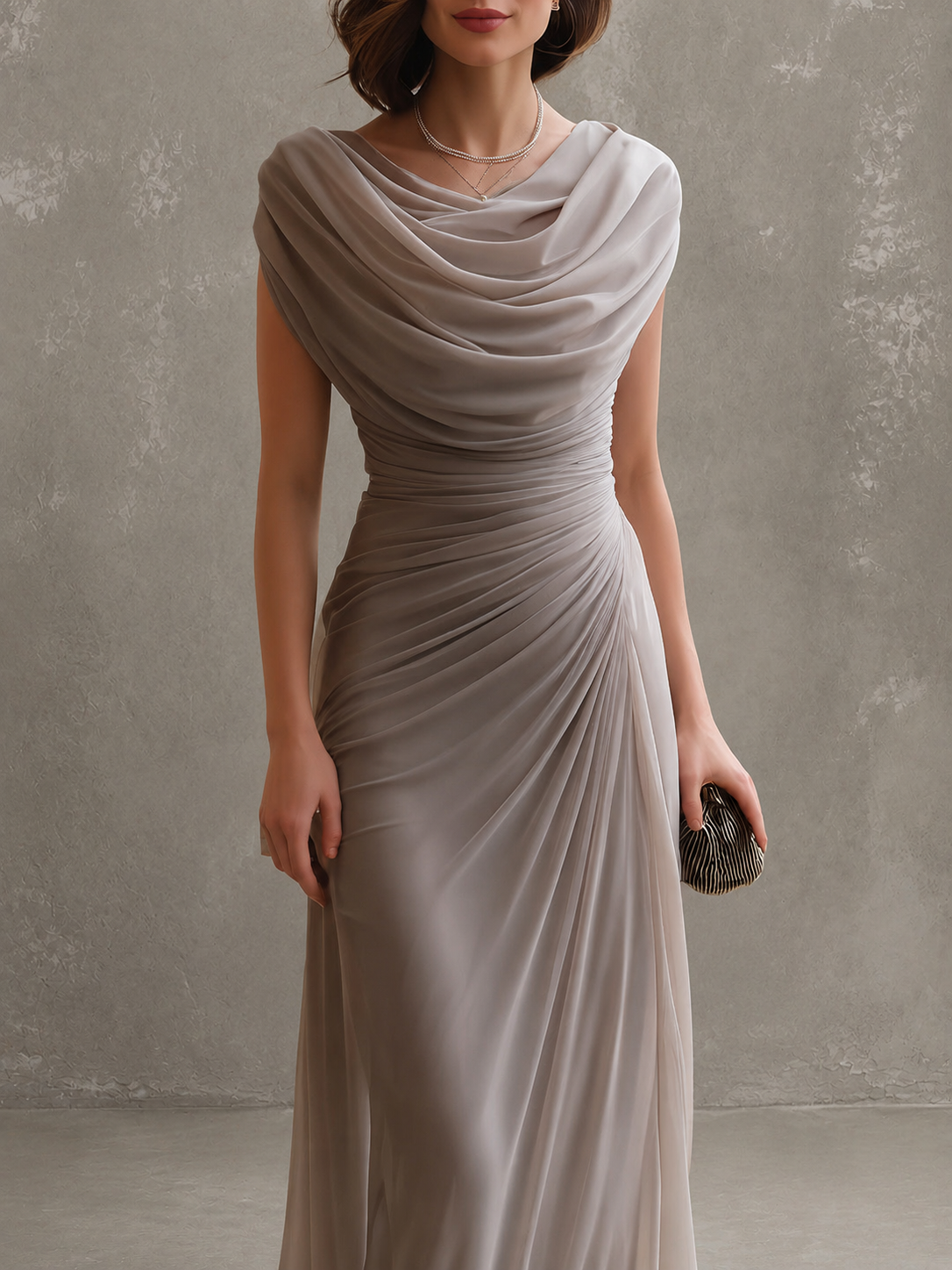 Beiges Maxikleid mit Wasserfallausschnitt, Raffungen an der Taille und seitlicher Drapierung, Detail