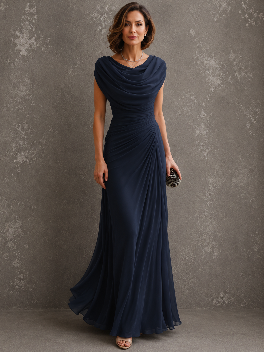 Beiges Maxikleid mit drapiertem Ausschnitt und fließendem Rock, weitere Ansicht