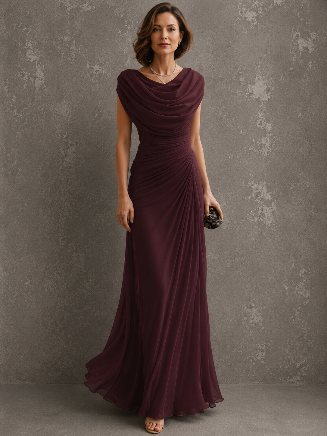 Beiges Maxikleid mit Drapierung an Ausschnitt und Taille, weitere Ansicht