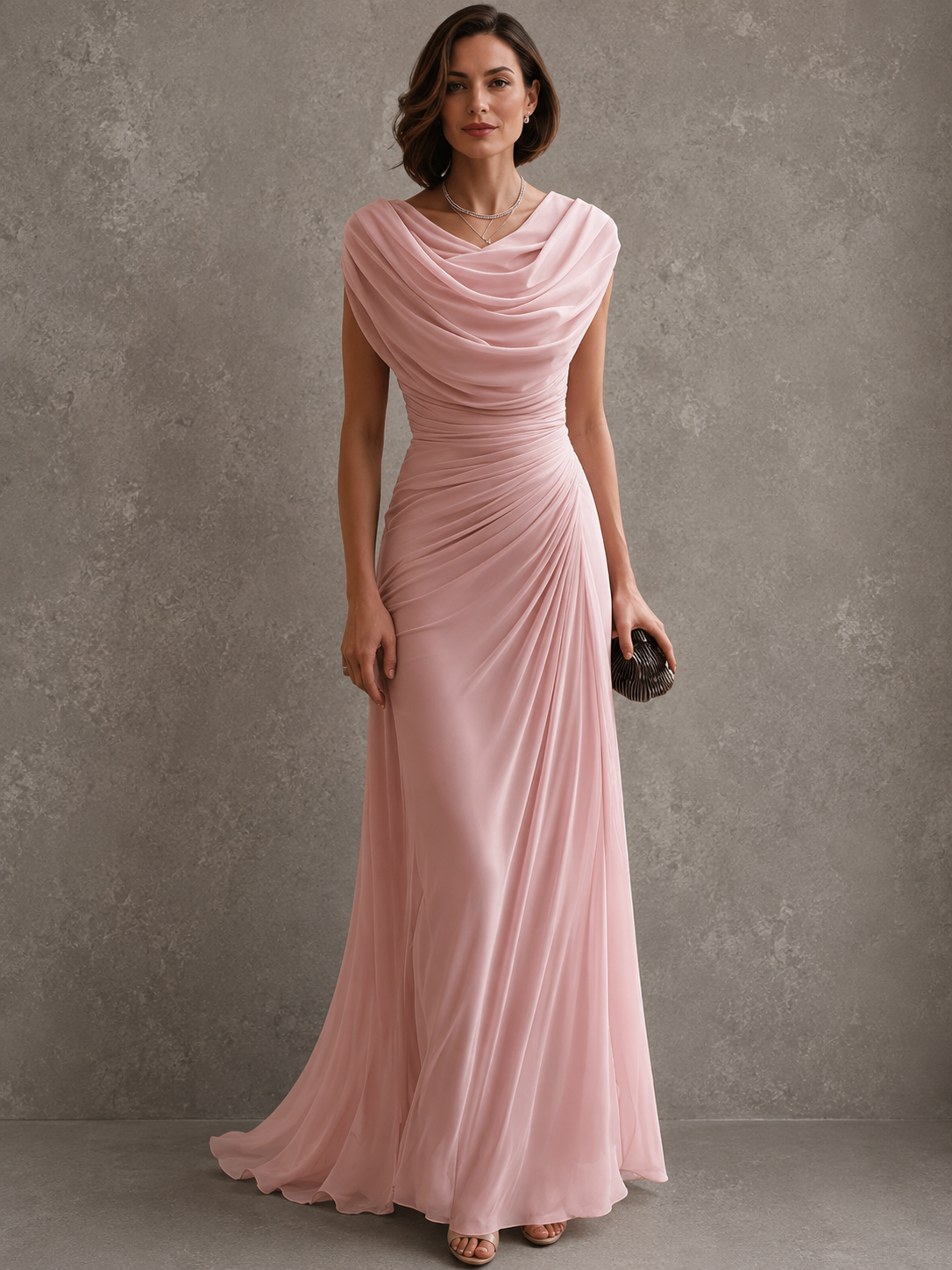 Beiges Maxikleid mit Wasserfallausschnitt und fließendem Rock, weitere Ansicht