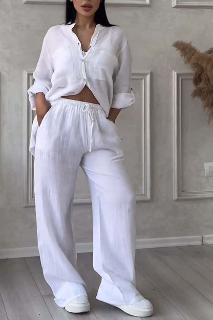 Trendiges Damen Leinen-Zweiteiler Set mit Bluse & weiter Hose – Lina