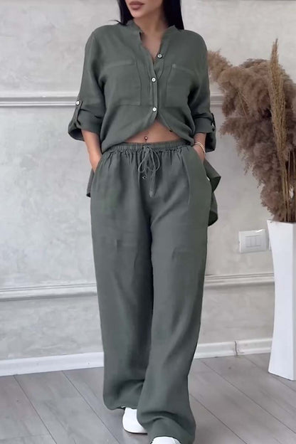 Trendiges Damen Leinen-Zweiteiler Set mit Bluse & weiter Hose – Lina