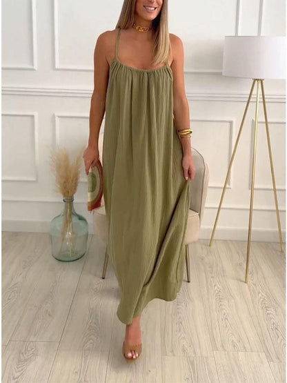Maxi Kleid aus Baumwolle und Leinen mit Rundhalsausschnitt – Elin