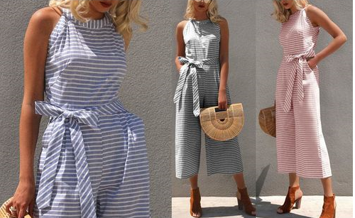 Gestreifter Sommer-Jumpsuit für Damen mit weitem Bein und V-Ausschnitt – Alina