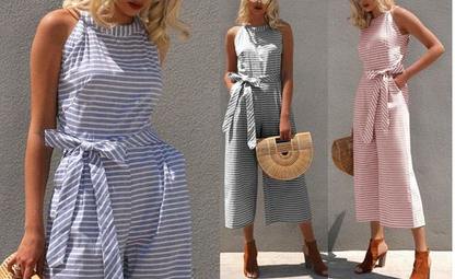 Gestreifter Sommer-Jumpsuit für Damen mit weitem Bein und V-Ausschnitt – Alina