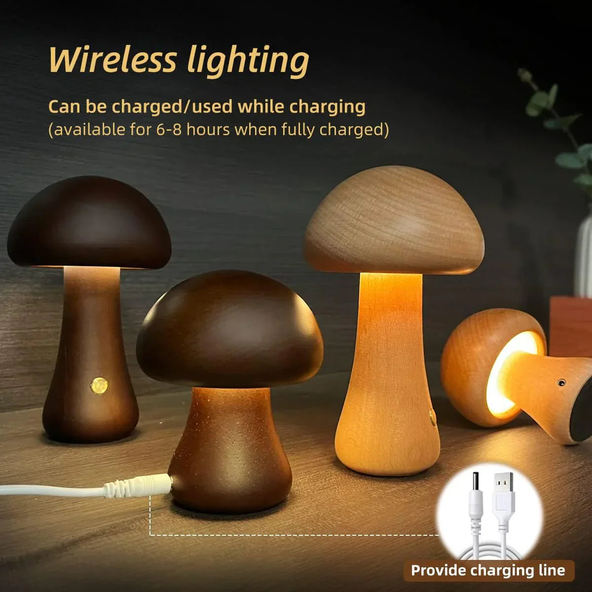 Holz-Pilzlampe, kabellos, LED, wiederaufladbar, warmes Licht, dekorativ, USB-Ladekabel.