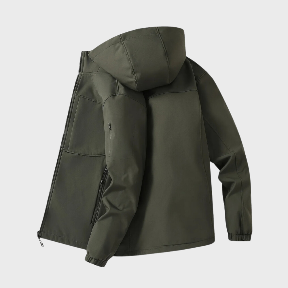 Armeegrüne Herren-Kapuzenjacke, wasserabweisend, Freizeitstil, Reißverschlusstaschen.