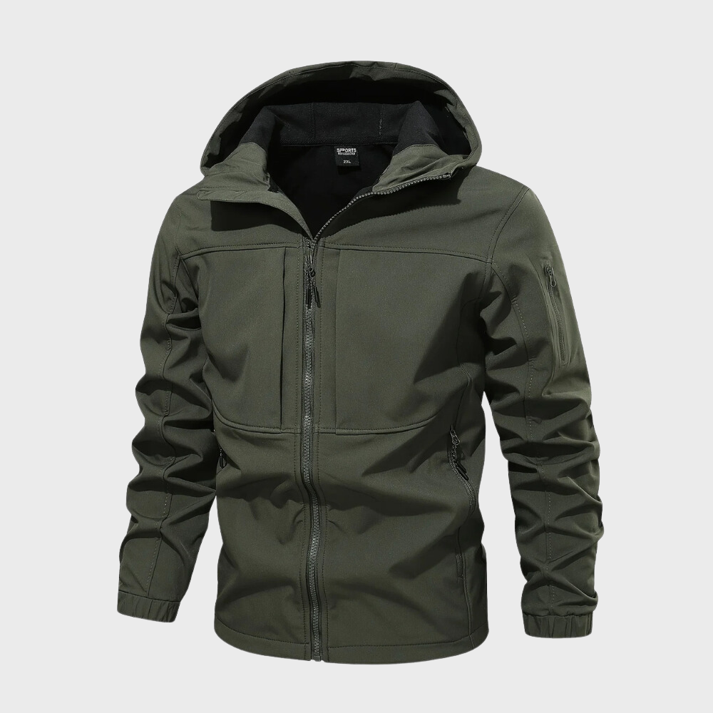 Armeegrüne Herren-Kapuzenjacke, wasserabweisend, Reißverschluss, Outdoor-Bekleidung.