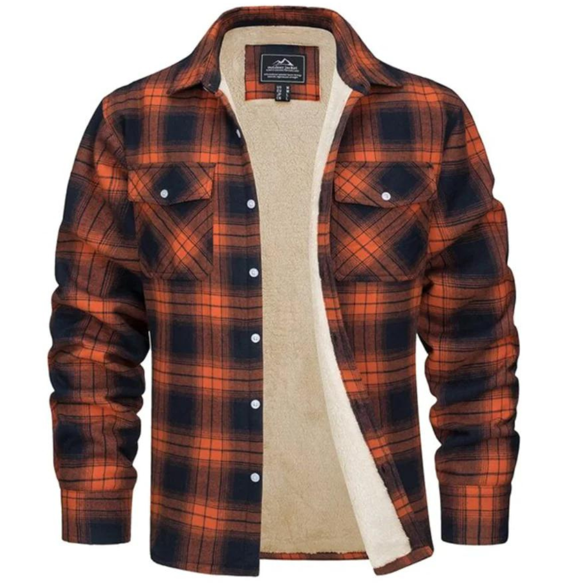 Orange-schwarzes kariertes Flanellhemd mit Fleece-Futter, Herrenmode, warm, langärmelig.