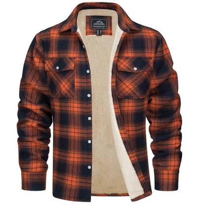 Orange-schwarzes kariertes Flanellhemd mit Fleece-Futter, Herrenmode, warm, langärmelig.
