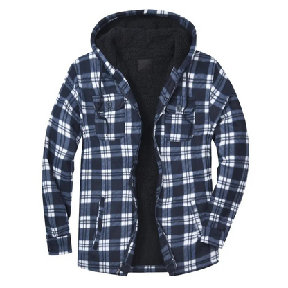 Blau-weiß karierte Herrenjacke mit Kapuze, Fleece-Innenfutter, warm, modisch, Winterbekleidung.