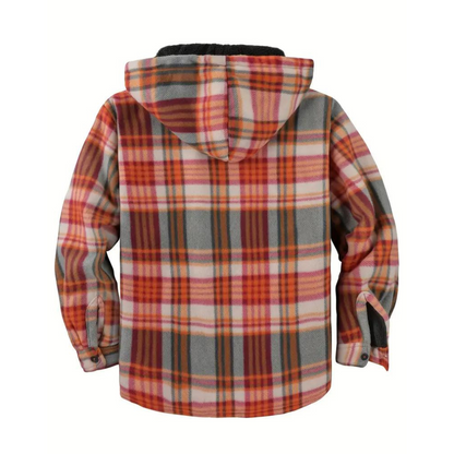 Kariertes Flanellhemd mit Kapuze, orange-rot-grau, Herrenmode, warm, lässig, Herbst/Winter.