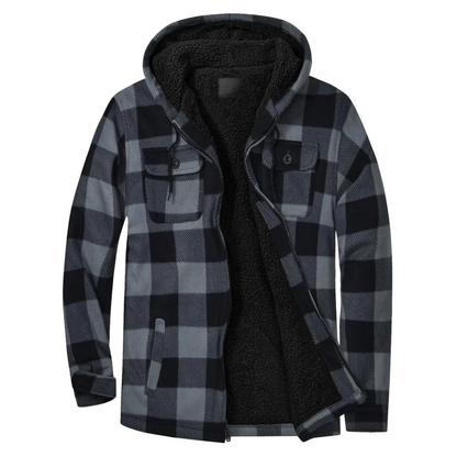 Graue karierte Herrenjacke mit Kapuze, Fleece-Innenfutter, warm, modisch, Winterbekleidung.