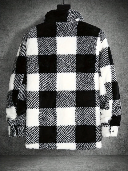 Schwarz-weiß karierte Fleecejacke, warm, modisch, Winterbekleidung, Herrenmode, kariertes Muster.