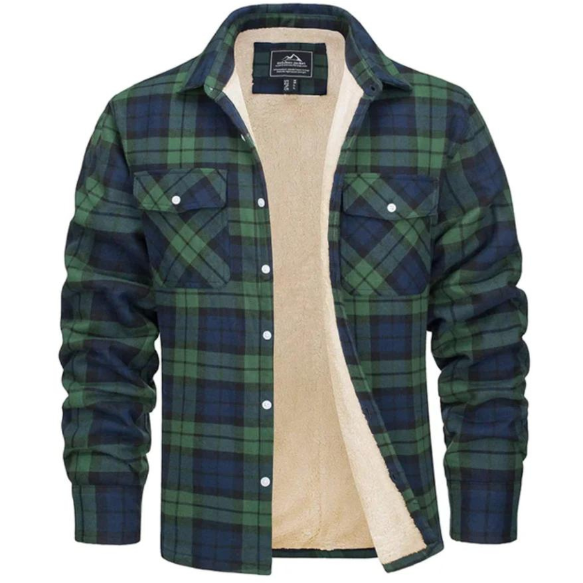 Grün-blau kariertes Herrenhemd mit Fleece-Futter, Langarm, Knopfleiste, Freizeitmode.