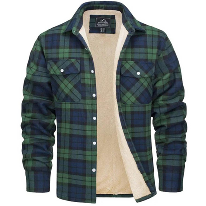 Grün-blau kariertes Herrenhemd mit Fleece-Futter, Langarm, Knopfleiste, Freizeitmode.