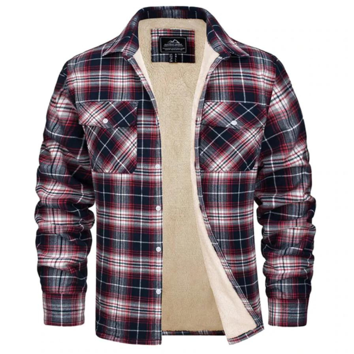 Kariertes Herrenhemd mit Fleece-Futter, rot-blau, langärmelig, warm, Freizeitmode.