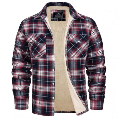 Kariertes Herrenhemd mit Fleece-Futter, rot-blau, langärmelig, warm, Freizeitmode.